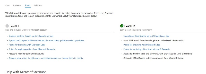 Level 2 Differences with Microsoft Rewards