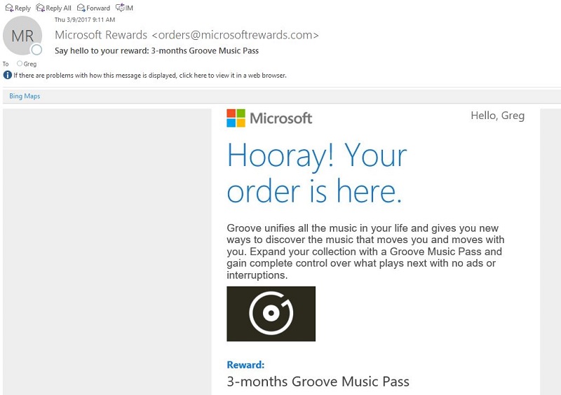 Microsoft Reward Prize Confirmation in an Email