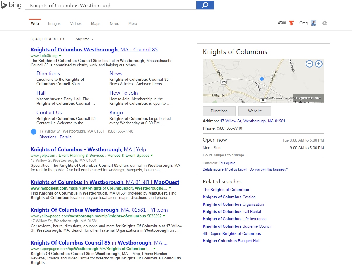 Knights of Columbus Search in Bing with Maps