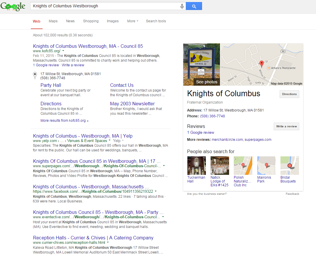 Knights of Columbus Search in Google