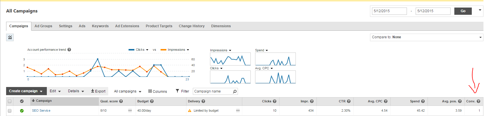 Bing Ads Conversion in the Dashboard