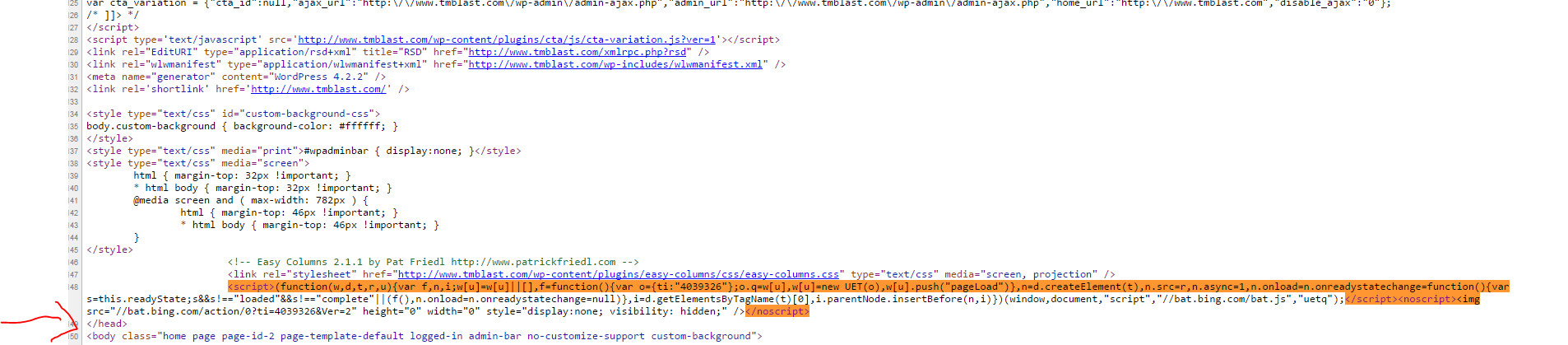 Here is the tracking code that is right before the head in Bing Ads