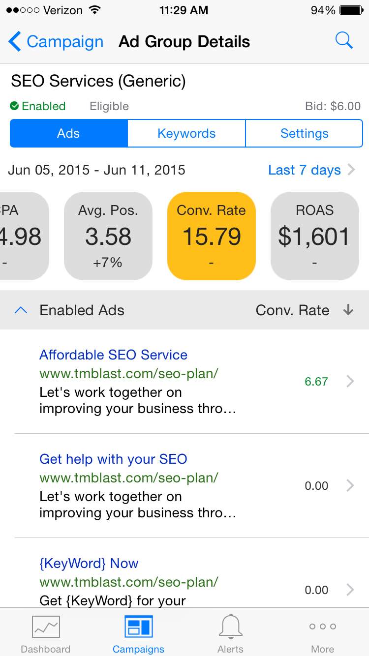 Conversion Rate in Bing Ads iOS app for TM Blast