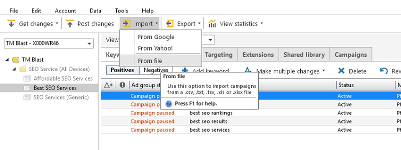 Bing Ads Editor Import from a File