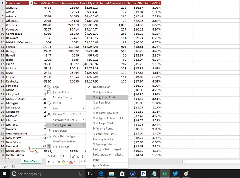 how to change data in a pivot table to make it a percentage