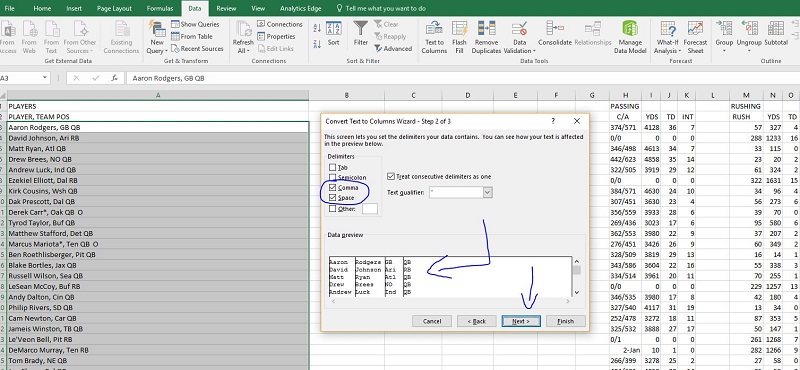 Comma and Spaces in Text to Columns in Excel