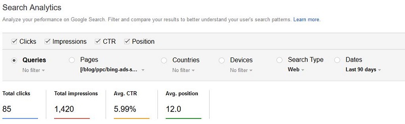 Full 90 Day Data from Search Console Before Test