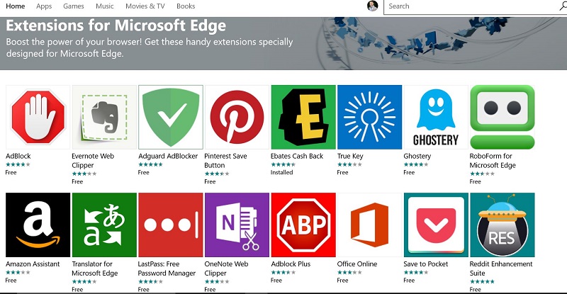 What are the extensions that are available for Microsoft Edge