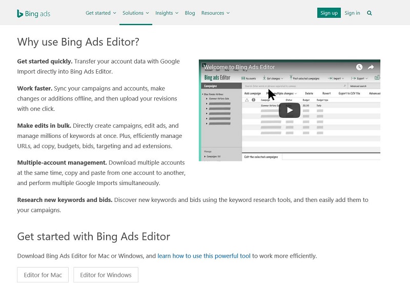Bing Ads Editor Homepage