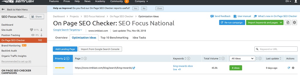Running an On Page SEO Report for Key Target Blog Post to find Semantic Ideas