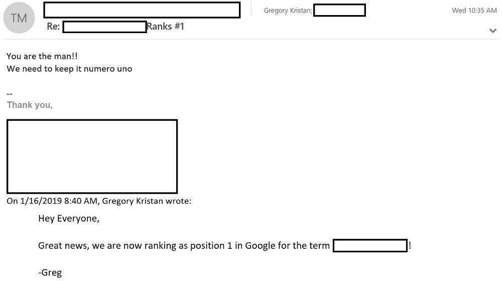Client Conversation Redacted Showing Position 1 Ranking