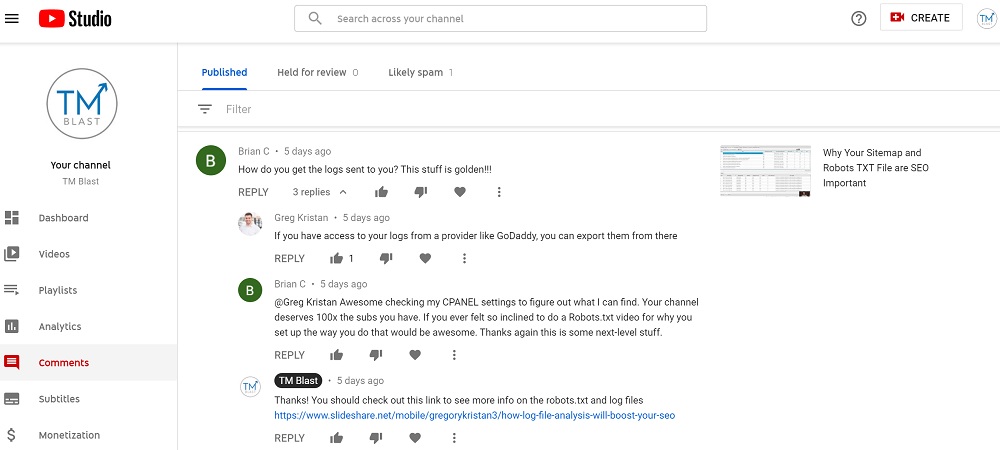 YouTube Comments for TM Blast