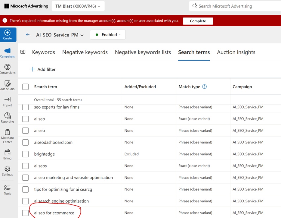 AI SEO for Ecommerce Keyword Search Terms Report from Microsoft